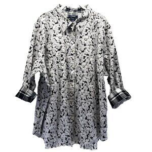 Chaps Women's Top Blouse Size 2X Black White Floral Plaid Mixed Prints Button Up